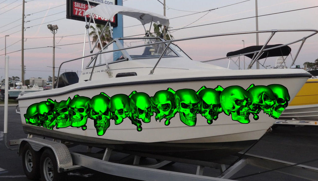 Pirate Skulls Boat Wrap, Full Color Cigar Boat Graphics Vinyl Decal, Skulls Boat Vinyl Sticker, Skulls Racing Stripes Watercraft Graphics