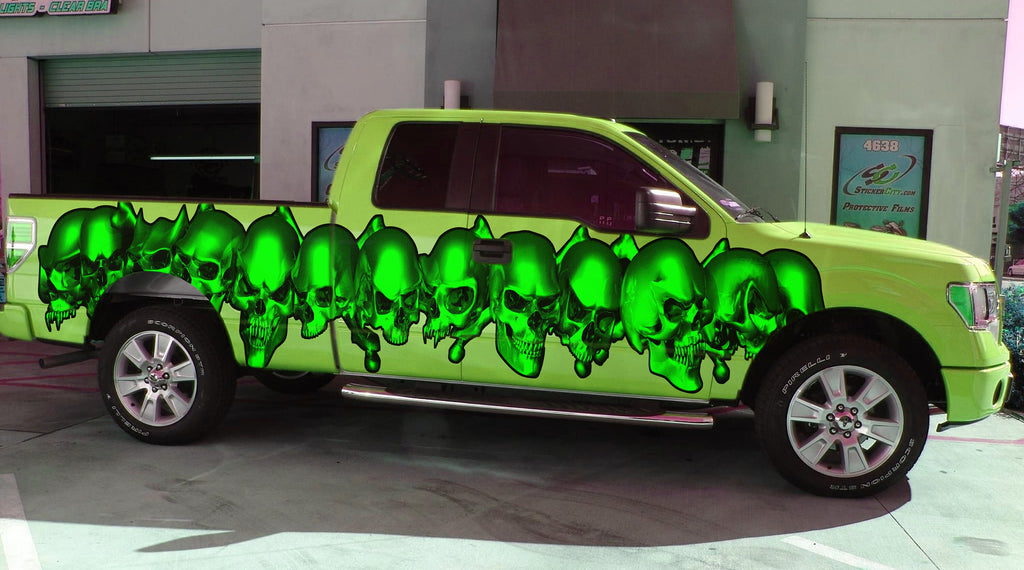 Skulls Full Color Truck Side Graphics, 3D Pirate Skull Truck Vinyl Decal, Skull Racing Stripes Car Sticker, Tribal Skulls Car Wrap