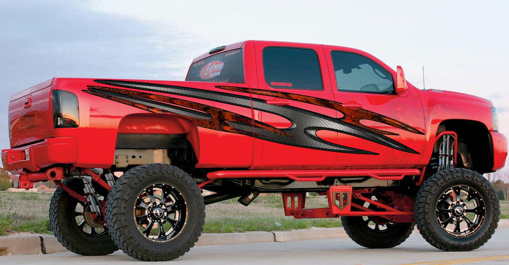 Tribal Flame Vinyl Decal – Carbon Fiber Style Side Graphics – Full Body Truck Wrap – Off-Road Pickup Sticker Kit