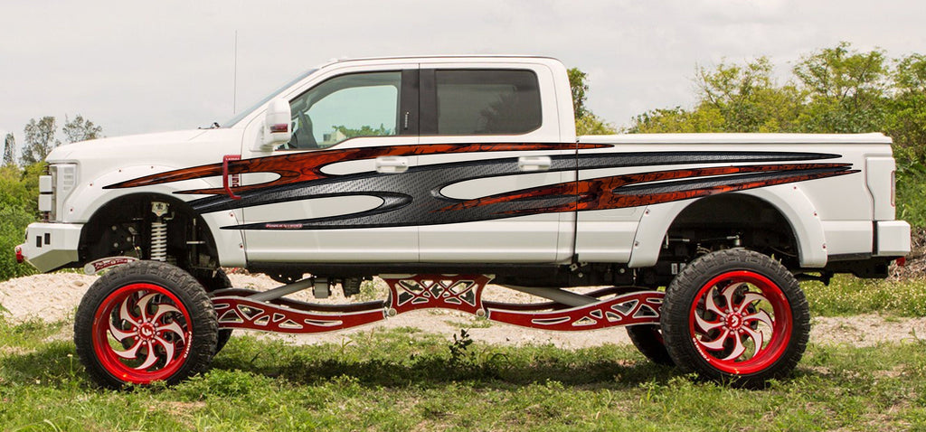 Tribal Flame Vinyl Decal – Carbon Fiber Style Side Graphics – Full Body Truck Wrap – Off-Road Pickup Sticker Kit