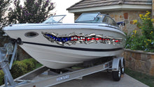 Load image into Gallery viewer, US Flag Ripped Metal Boat Vinyl Decal, USA Flag Boat Wrap, American pride Boat Vinyl, Flag Boat Graphics, Full Color USA Flag Boat Sticker