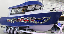 Load image into Gallery viewer, US Flag Ripped Metal Boat Vinyl Decal, USA Flag Boat Wrap, American pride Boat Vinyl, Flag Boat Graphics, Full Color USA Flag Boat Sticker