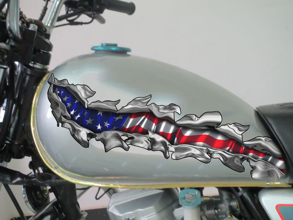 USA Flag Motorcycle Vinyl Decal, American Flag Bike Decal, USA Flag Crotch Rocket Sticker, Ripped Metal USA Flag Bike Vinyl Graphics