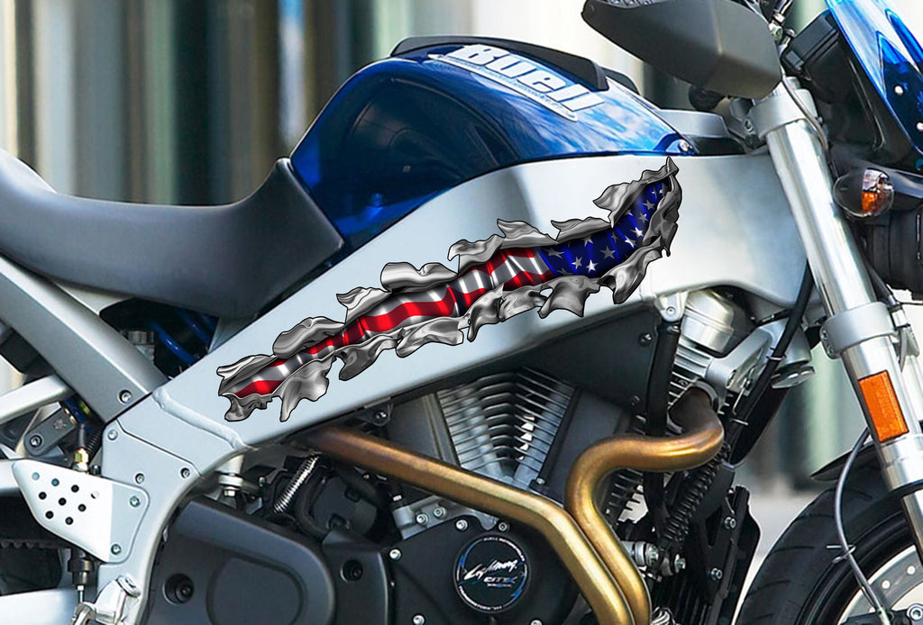 USA Flag Motorcycle Vinyl Decal, American Flag Bike Decal, USA Flag Crotch Rocket Sticker, Ripped Metal USA Flag Bike Vinyl Graphics