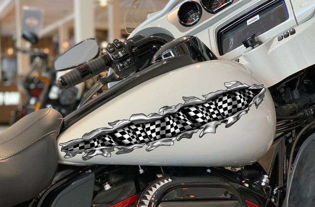 Ripped Metal Checkered Flag Bike Vinyl Graphics, Ripped Metal Checkered Flag Bike Sticker, Checkered Flag Dirt Bike Color Sticker