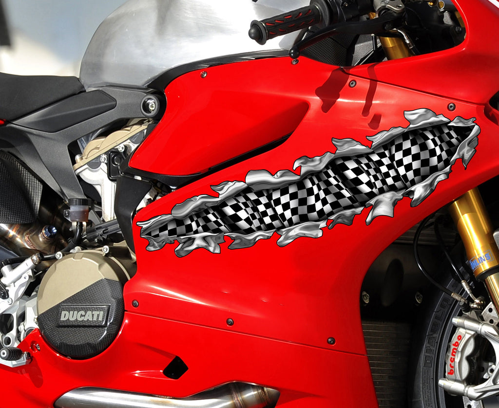 Ripped Metal Checkered Flag Bike Vinyl Graphics, Ripped Metal Checkered Flag Bike Sticker, Checkered Flag Dirt Bike Color Sticker