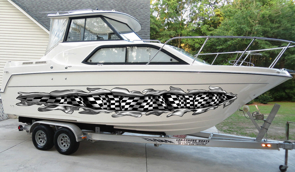Ripped Metal 3D Checkered Flag Boat Graphics, Racing Flag Boat Decal, Ripped Metal Checkered Flag Boat Sticker, Racing flag Boat Vinyl Wrap