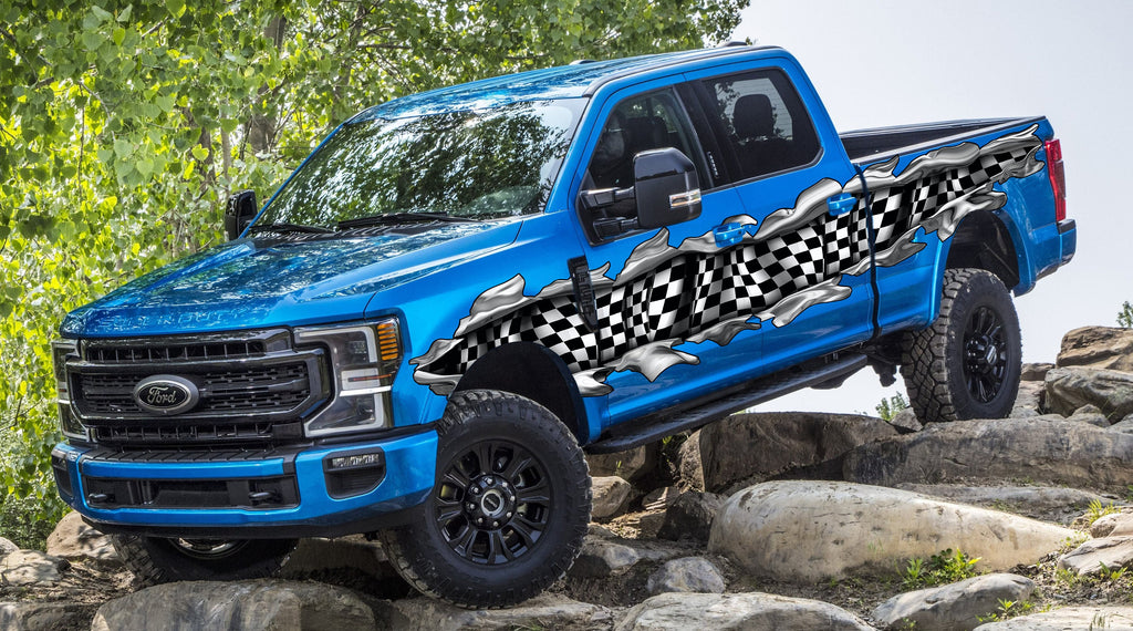3D Checkered Flag Truck Decal, Racing Flag Truck Vinyl, Racing Flag Car Vinyl Wrap, Racing Flag Ripped Metal Full Color Car Vinyl Design