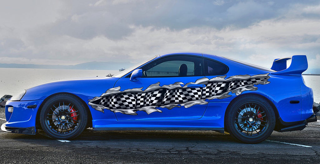 Ripped Metal Checkered Flag Car Decal, 3D Checkered Flag Car Wrap, Racing Flag Car Sticker, Checkered Flag Racing Stripes Vinyl Graphics