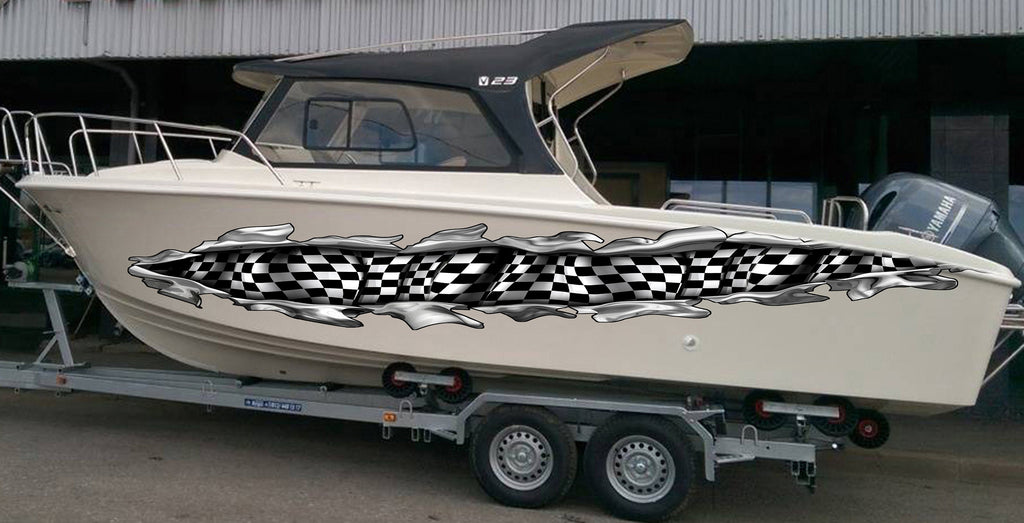 Ripped Metal Racing Flag Boat Sticker, Checkered Flag Boat Full Color Vinyl Decal, Watercraft Vinyl, Speed Boat Decal Graphics