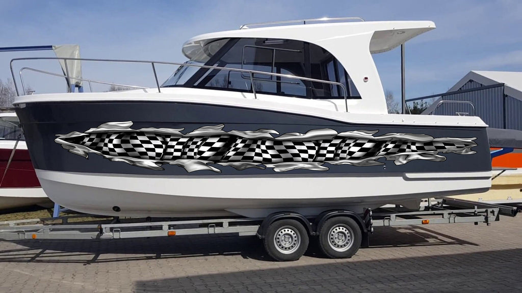 Ripped Metal Racing Flag Boat Sticker, Checkered Flag Boat Full Color Vinyl Decal, Watercraft Vinyl, Speed Boat Decal Graphics