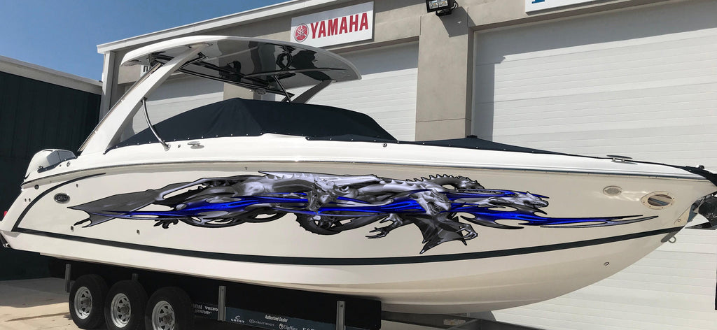 3D Dragons Boat Wrap, Lizard Jet ski Decals, Dragon Boat Vinyl Side Design, Tribal Dragon Boat Graphics, 3D Tribal Dragon Boat Sticker
