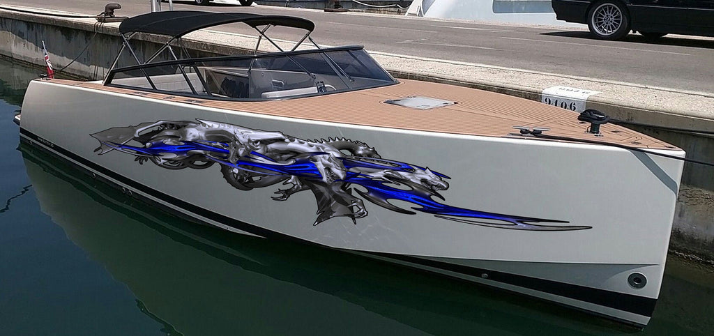 3D Dragons Boat Wrap, Lizard Jet ski Decals, Dragon Boat Vinyl Side Design, Tribal Dragon Boat Graphics, 3D Tribal Dragon Boat Sticker