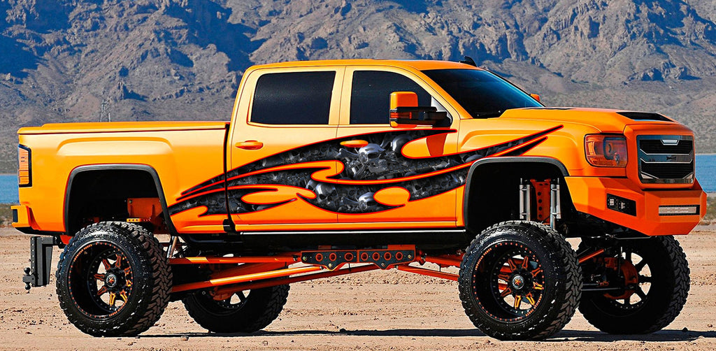 3D Pirate Skull Truck Vinyl Decal, Bones Racing Stripes Car Sticker, Skulls Full Color Truck Side Graphics, Tribal Skulls Car Wrap