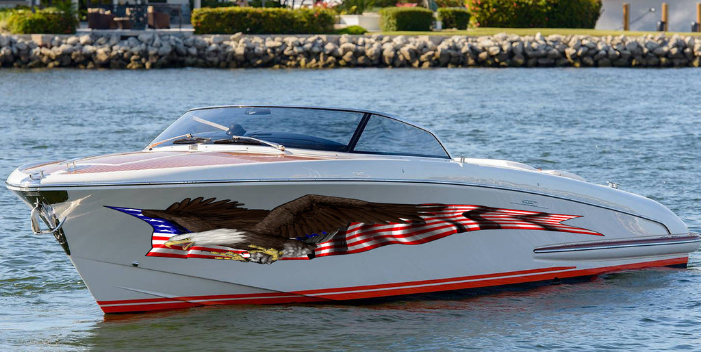 American pride Cigar Boat Side Graphics, Patriotic Sticker, US Bald Eagle Full Color Yacht Graphics, USA Flag Ripped Metal Watercraft Vinyl