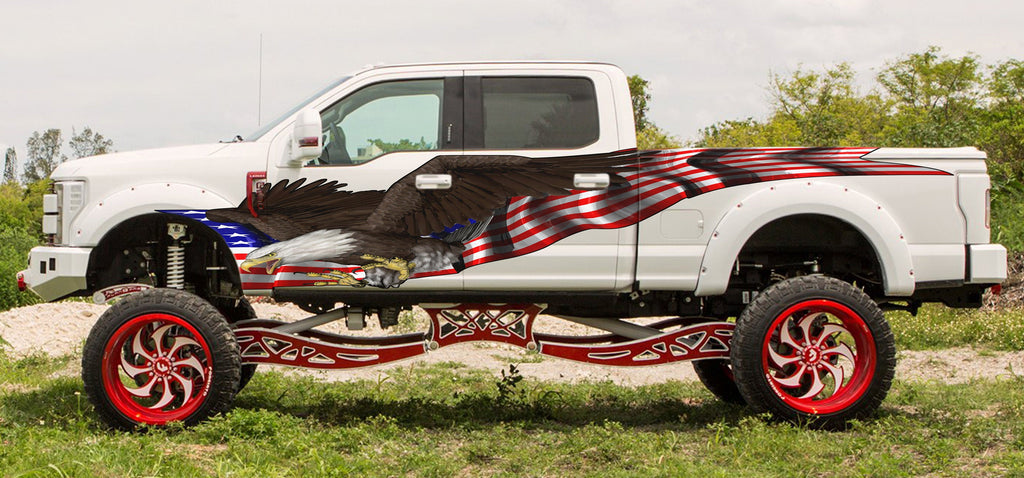 American Pride Eagle Truck Decals, US Eagle Truck Vinyl, Patriotic Street Racing Truck Vinyl Graphics, US Flag Wrap, Bold Eagle Car Stickers