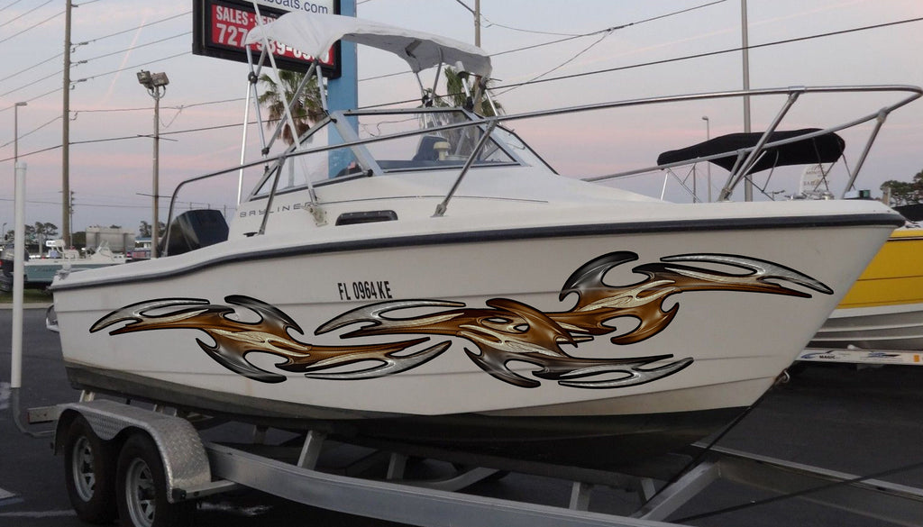 Carbon Fiber Look Tribal Boat Wrap, Racing Stripes Boat Full Color Vinyl Sticker, Watercraft Vinyl Decal, Racing Stripes Boat Vinyl Graphics