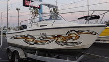 Load image into Gallery viewer, Carbon Fiber Look Tribal Boat Wrap, Racing Stripes Boat Full Color Vinyl Sticker, Watercraft Vinyl Decal, Racing Stripes Boat Vinyl Graphics