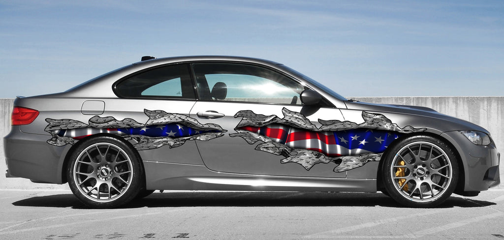 3D US Flag Ripped Metal Car Vinyl Decal, US Pride Car Vinyl Sticker, US Flag Car Wrap, American Flag Car Side Design, Big Flag Car Decals