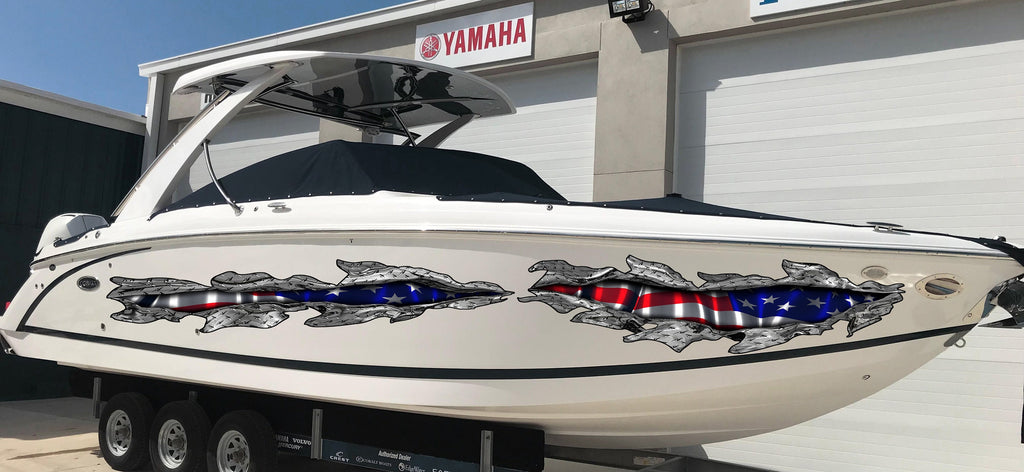 USA Flag Boat Wrap, American pride Boat Vinyl, 3D US Flag Ripped Metal Boat Vinyl Decal, Flag Boat Graphics,Full Color USA Flag Boat Sticker