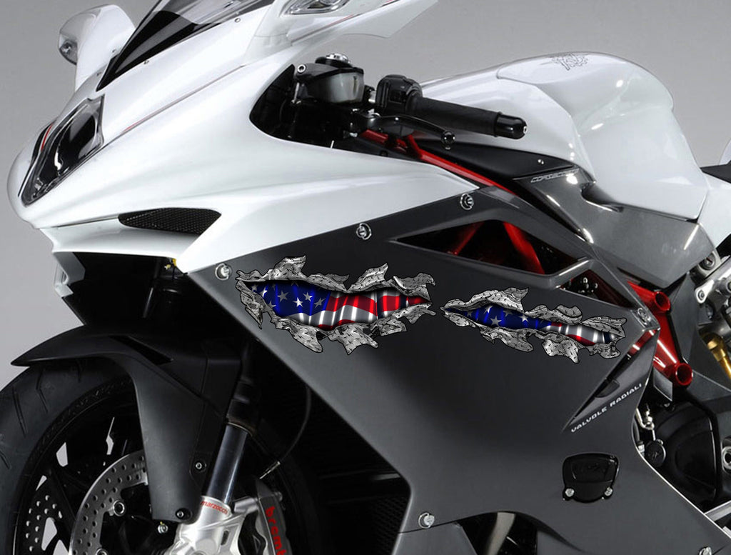 3D American Flag Bike Decal, USA Flag Motorcycle Vinyl Decal, USA Flag Crotch Rocket Sticker, Ripped Metal USA Flag Bike Vinyl Graphics