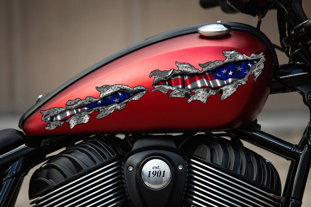3D American Flag Bike Decal, USA Flag Motorcycle Vinyl Decal, USA Flag Crotch Rocket Sticker, Ripped Metal USA Flag Bike Vinyl Graphics