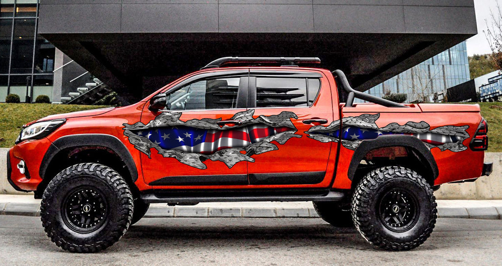 American Flag Ripped Metal Truck Decal – Patriotic USA Vinyl Graphic for Pickup Sides, 3D Effect Vinyl Wrap