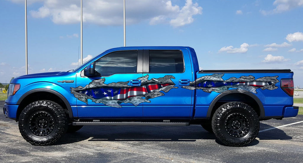 American Flag Ripped Metal Truck Decal – Patriotic USA Vinyl Graphic for Pickup Sides, 3D Effect Vinyl Wrap