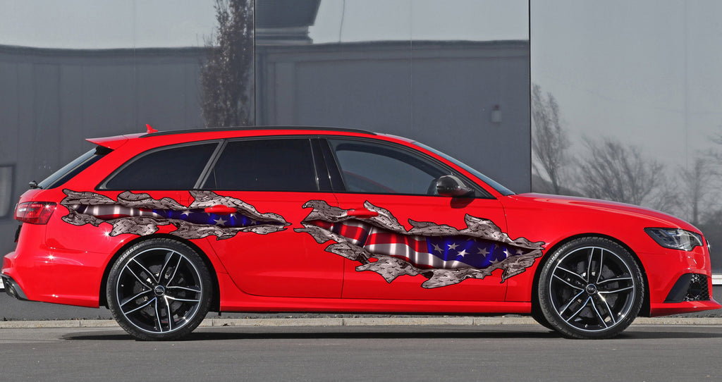 3D USA Flag Car Side Wrap, USA Flag Car Vinyl Sticker, American Flag full color car side graphics, 3D Ripped Metal USA Flag Car Decal