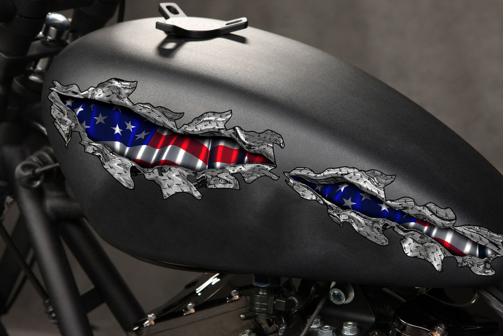 3D American flag bike vinyl decal, USA Flag Crotch Rocket Graphics, US Flag crotch rocket vinyl graphic, Ripped Metal full color bike design
