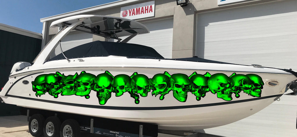 Pirate Skulls Boat Wrap, Full Color Cigar Boat Graphics Vinyl Decal, Skulls Boat Vinyl Sticker, Skulls Racing Stripes Watercraft Graphics