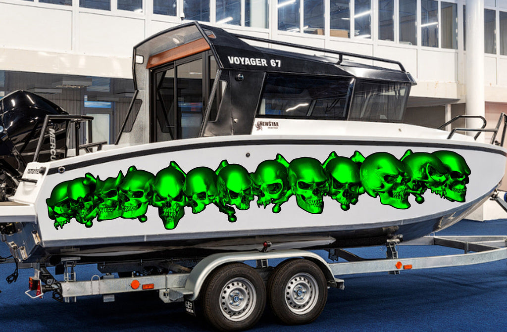 Pirate Skulls Boat Wrap, Full Color Cigar Boat Graphics Vinyl Decal, Skulls Boat Vinyl Sticker, Skulls Racing Stripes Watercraft Graphics