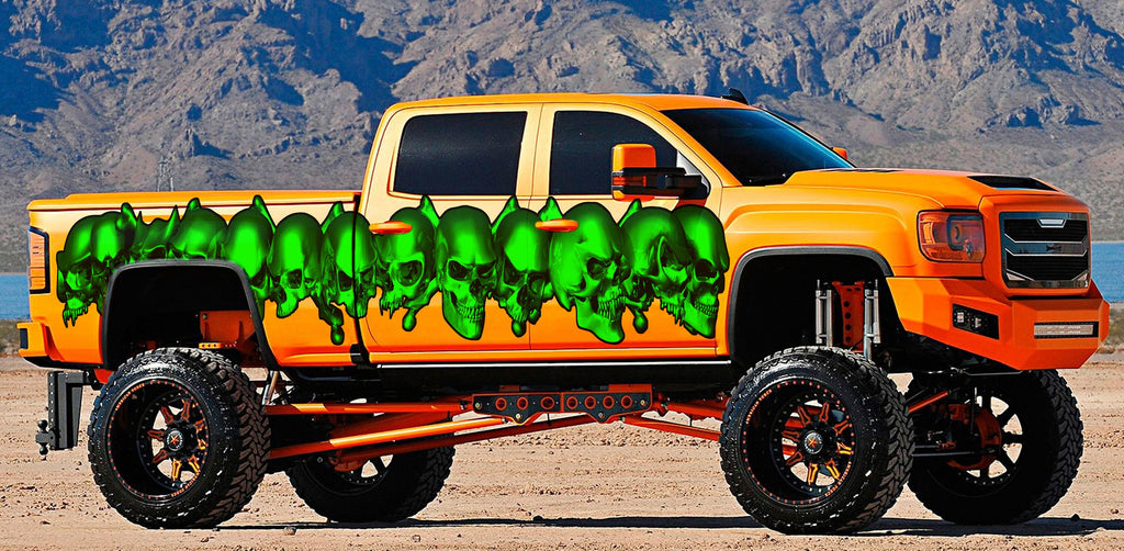 Skulls Full Color Truck Side Graphics, 3D Pirate Skull Truck Vinyl Decal, Skull Racing Stripes Car Sticker, Tribal Skulls Car Wrap