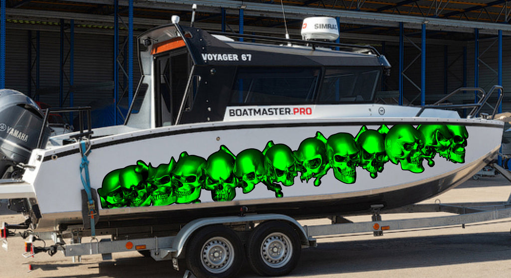 3D Pirate Skulls Boat Decals, Pirate Skull Watercraft Vinyl Graphics, Tribal Yacht Vinyl, Skulls Boat Decals, 3D Skulls Yacht Vinyl Wrap