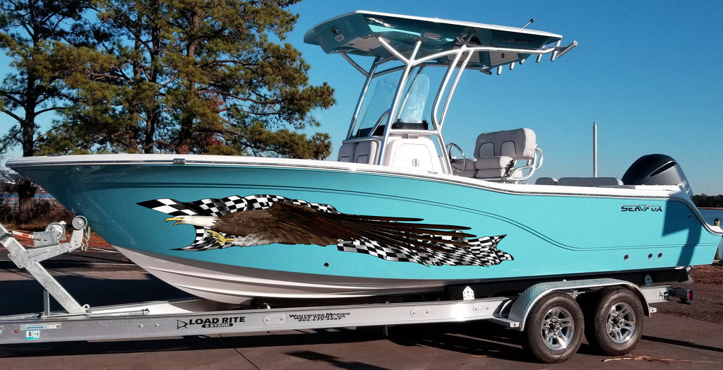 Checkered Flag Ripped Metal Boat Vinyl, US Eagle Cigar Boat Side Graphics, American Pride Full Color Yacht Decal, Bold eagle Boat Sticker