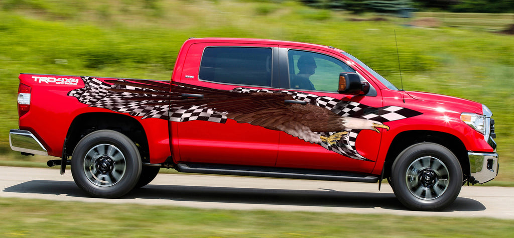 US Eagle Truck Vinyl Decal, Checkered Flag Car Wrap, 3D Racing Flag Jeep Graphics, Bald Eagle Side Decals Graphics Vinyl Stickers