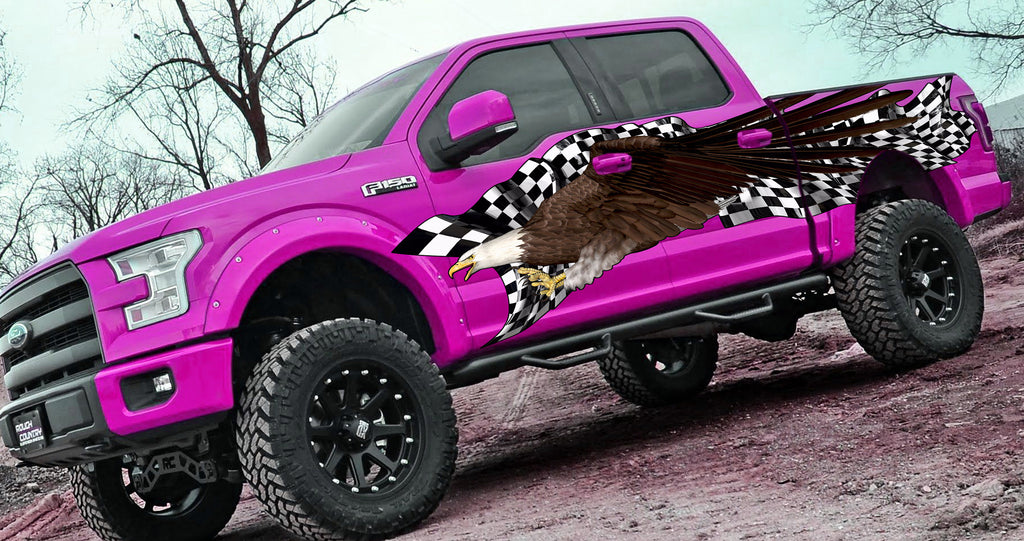 US Eagle Truck Vinyl Decal, Checkered Flag Car Wrap, 3D Racing Flag Jeep Graphics, Bald Eagle Side Decals Graphics Vinyl Stickers