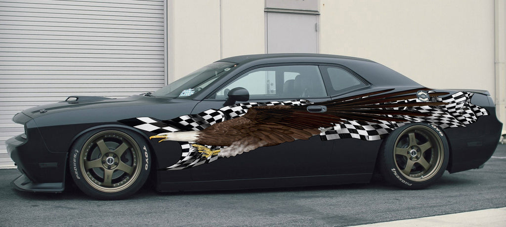 American Pride Car Wrap, US Eagle Full Color Vinyl Design, Patriotic Car Decal, Checkered Flag Car Stickers, Eagle Flag Décor