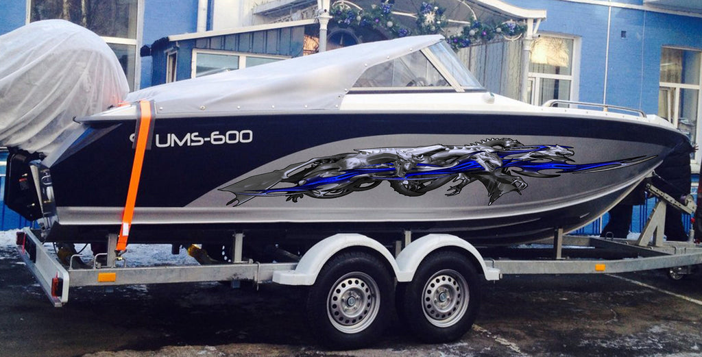 3D Dragons Boat Wrap, Lizard Jet ski Decals, Dragon Boat Vinyl Side Design, Tribal Dragon Boat Graphics, 3D Tribal Dragon Boat Sticker