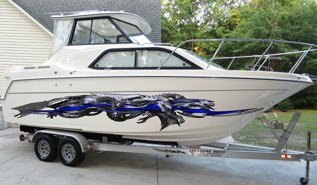 3D Dragons Boat Wrap, Lizard Jet ski Decals, Dragon Boat Vinyl Side Design, Tribal Dragon Boat Graphics, 3D Tribal Dragon Boat Sticker