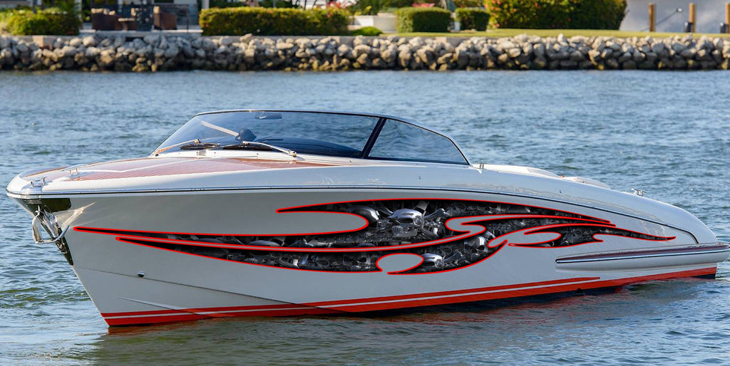 Skulls Bones Boat Vinyl Sticker, Pirate Boat Wrap, Full Color Cigar Boat Graphics Vinyl Decal, Skulls Racing Stripes Watercraft Graphics