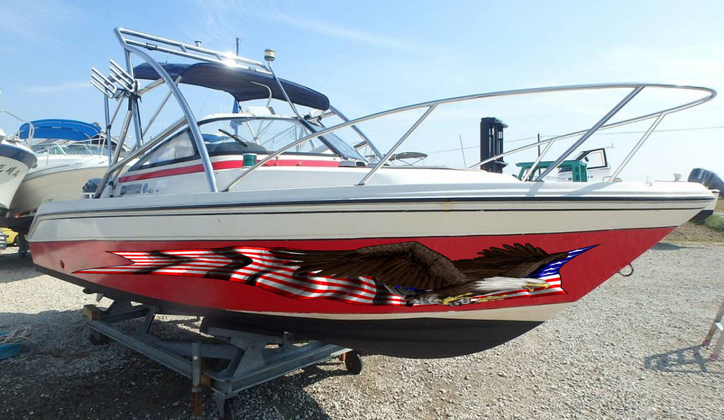 American pride Cigar Boat Side Graphics, Patriotic Sticker, US Bald Eagle Full Color Yacht Graphics, USA Flag Ripped Metal Watercraft Vinyl