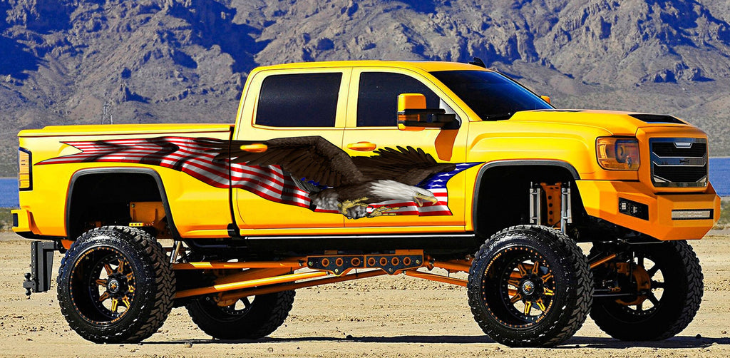 American Pride Eagle Truck Decals, US Eagle Truck Vinyl, Patriotic Street Racing Truck Vinyl Graphics, US Flag Wrap, Bold Eagle Car Stickers