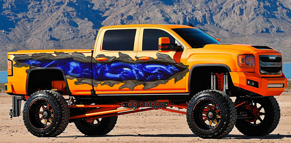 3D Tribal Dragon Ripped Metal Full Color Truck Side Graphics, Tribal Dragon Truck Sticker, Tribal Dragon Car Vinyl,Tribal Dragon Truck Decal