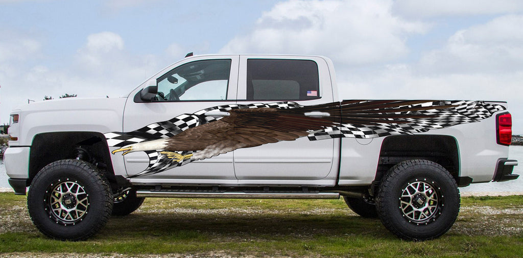 Racing flag US Eagle Truck Vinyl Sticker, Checkered flag Car Side Graphics, USA Eagle Truck Side Wrap, American Pride Car Vinyl Decal