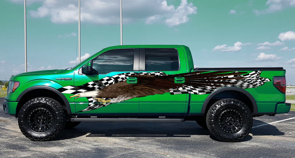 US Eagle Truck Vinyl Decal, Checkered Flag Car Wrap, 3D Racing Flag Jeep Graphics, Bald Eagle Side Decals Graphics Vinyl Stickers