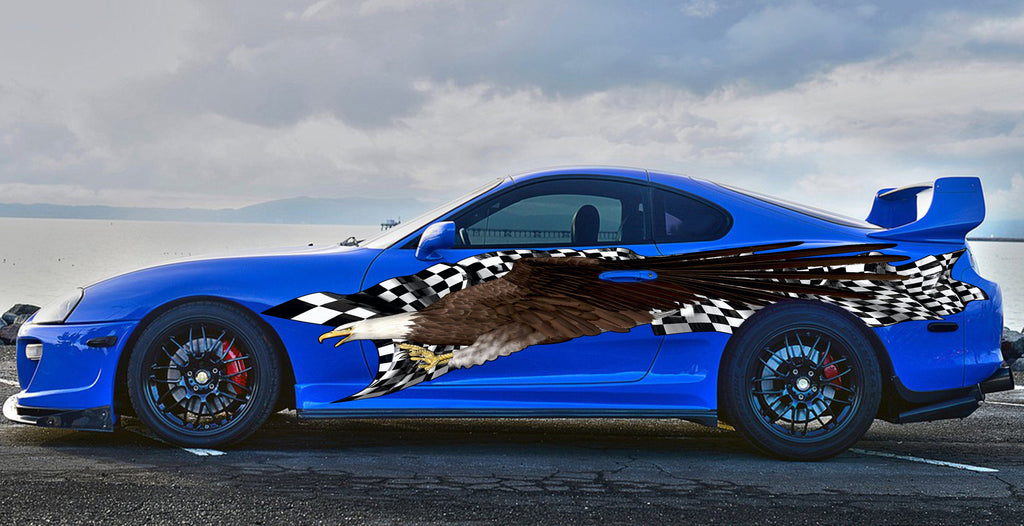 American Pride Car Wrap, US Eagle Full Color Vinyl Design, Patriotic Car Decal, Checkered Flag Car Stickers, Eagle Flag Décor