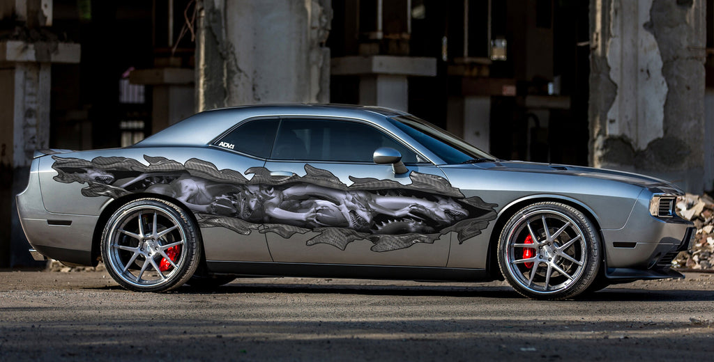 Dragon Car Vinyl Design, 3D Lizard Street Racing Wrap, 3D Dragons Car Ripped Metal Full Color Vinyl, Lizard Ripped Metal Car Decal