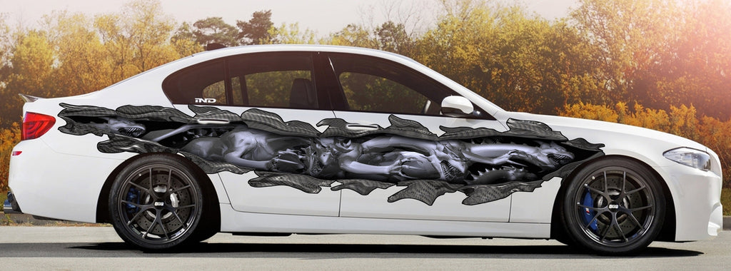 Dragon Car Vinyl Design, 3D Lizard Street Racing Wrap, 3D Dragons Car Ripped Metal Full Color Vinyl, Lizard Ripped Metal Car Decal