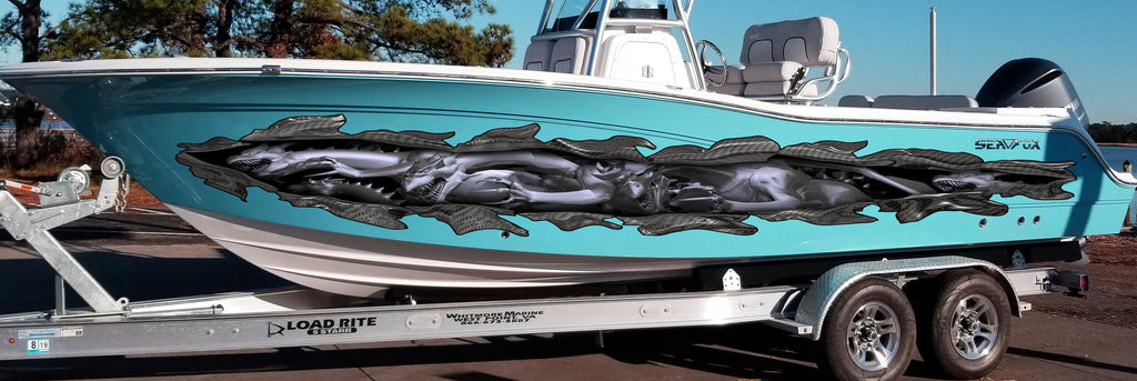 Tribal Dragon Boat Graphics, 3D Dragons Boat Wrap, Dragon Boat Vinyl Side Design, 3D Lizard Jet ski Decals, 3D Tribal Dragon Boat Sticker